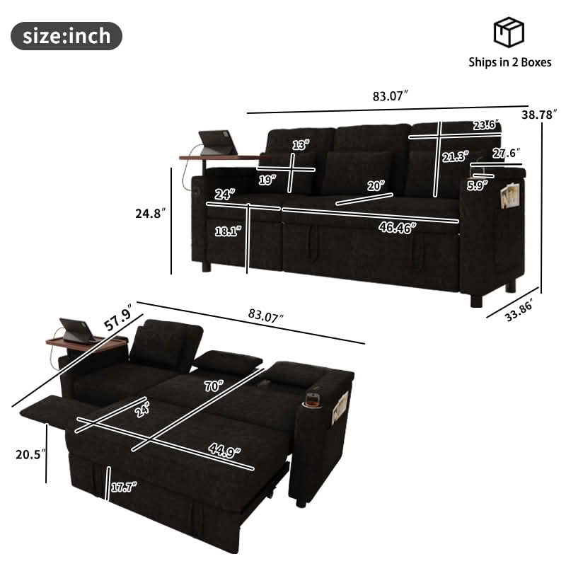 MAYEERTY 83-Inch Black Chenille 3-Seat 3-in-1 Foldable Sofa Bed, Modular Couch with Adjustable Backrest, USB Ports, Table Board & Storage Armrests