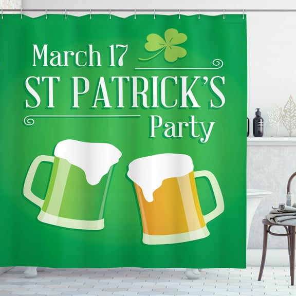Ambesonne Irish Pub Shower Curtain, St. Patrick's Day Beers, 69"Wx84"L, Fern Green Earth Yellow