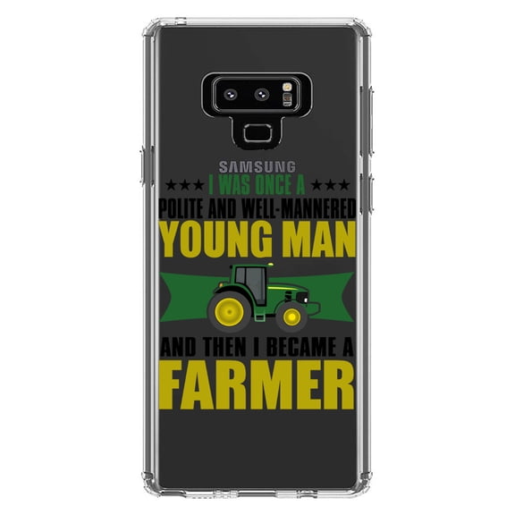 DistinctInk Clear Shockproof Hybrid Case for Samsung Galaxy Note 9 - TPU Bumper Acrylic Back Tempered Glass Screen Protector - Was Well Mannered Young Man Then Farmer