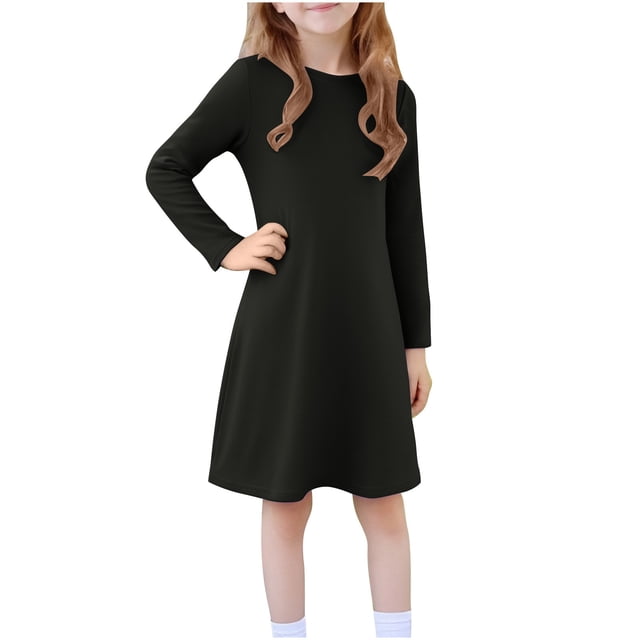Tranfacy Robes d'Automne pour Filles, Robe Patineuse à Manches Longues pour Tout-Petits, Robe à Manches Longues Côtelée à Col Rond de Couleur Unie, Robe Ligne A pour Filles 3-12 Ans