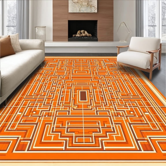 ODIKA 4'x6' Machine Washable Non-Slip Area Rug, Modern Abstract Orange Geometric Maze Design High Traffic Rug, Orange, 91784