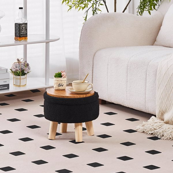 Storage Ottoman, Modern Round Footrest with Soft Padded Seat, Teddy Velvet Footstool with Wood Legs, Accent Small Table or Plant Stand for Hallway, Living Room (Black)