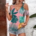 thumbnail image 2 of Women Casual Summer Hawaiian Print Tie Strap Cold Shoulder Round Neck Short Sleeve T Shirt for Daily Wear Vacation Beach Pink 2XL, 2 of 4
