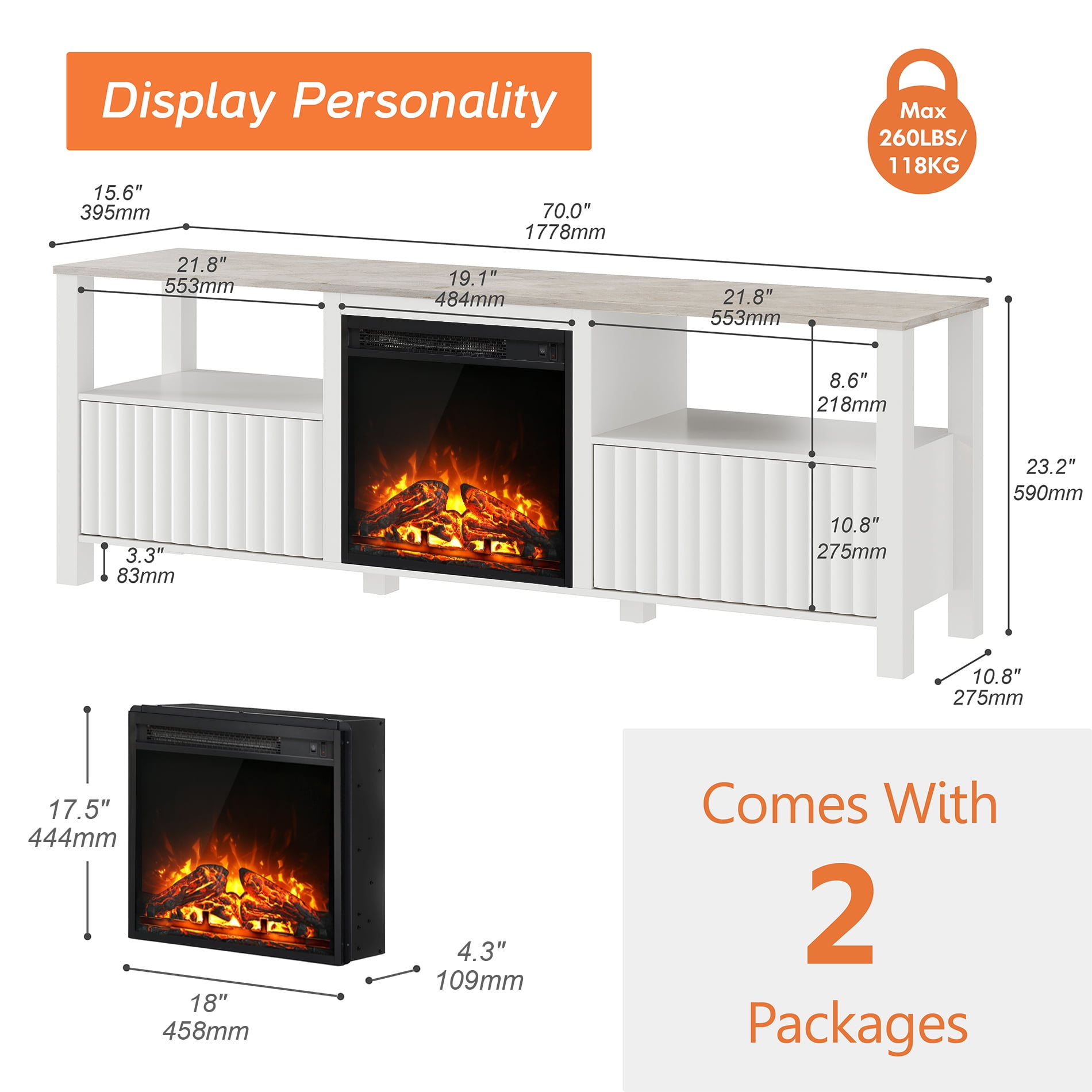 Modern LED Fireplace TV Stand for 75 inch TV and RGB LED Light, Entertainment Center with Storage Cabinets, White