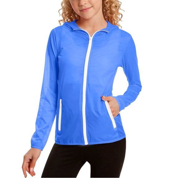 Girls Boys Lightweight UPF 50 Sun Hoodie Shirts Long Sleeve UV Protection Zip Sunscreen Clothes with Zipper Pockets Blue 5-6Years
