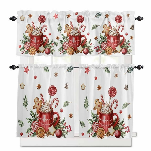 Christmas Red Coffee Gingerbread Man Kitchen Curtains and Valances Set, Candy Pine Branch Rod Pocket Window Valance 18 Inch Window Curtain Panels for Living Room Bedroom Laundry, 27.5x24in, 3 Pieces