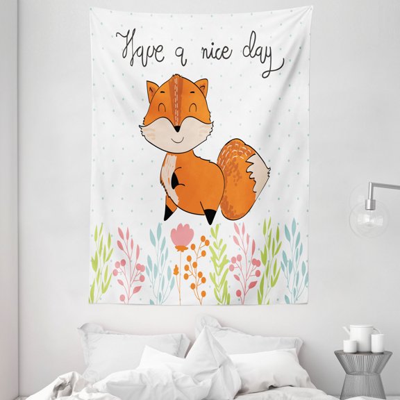 Fox Tapestry, Happy Animal Have a Nice Day Lettering on Polka Dots Colorful Herbs, Wall Hanging for Bedroom Living Room Dorm Decor, 60W X 80L Inches, Pale Vermilion and Multicolor, by Ambesonne