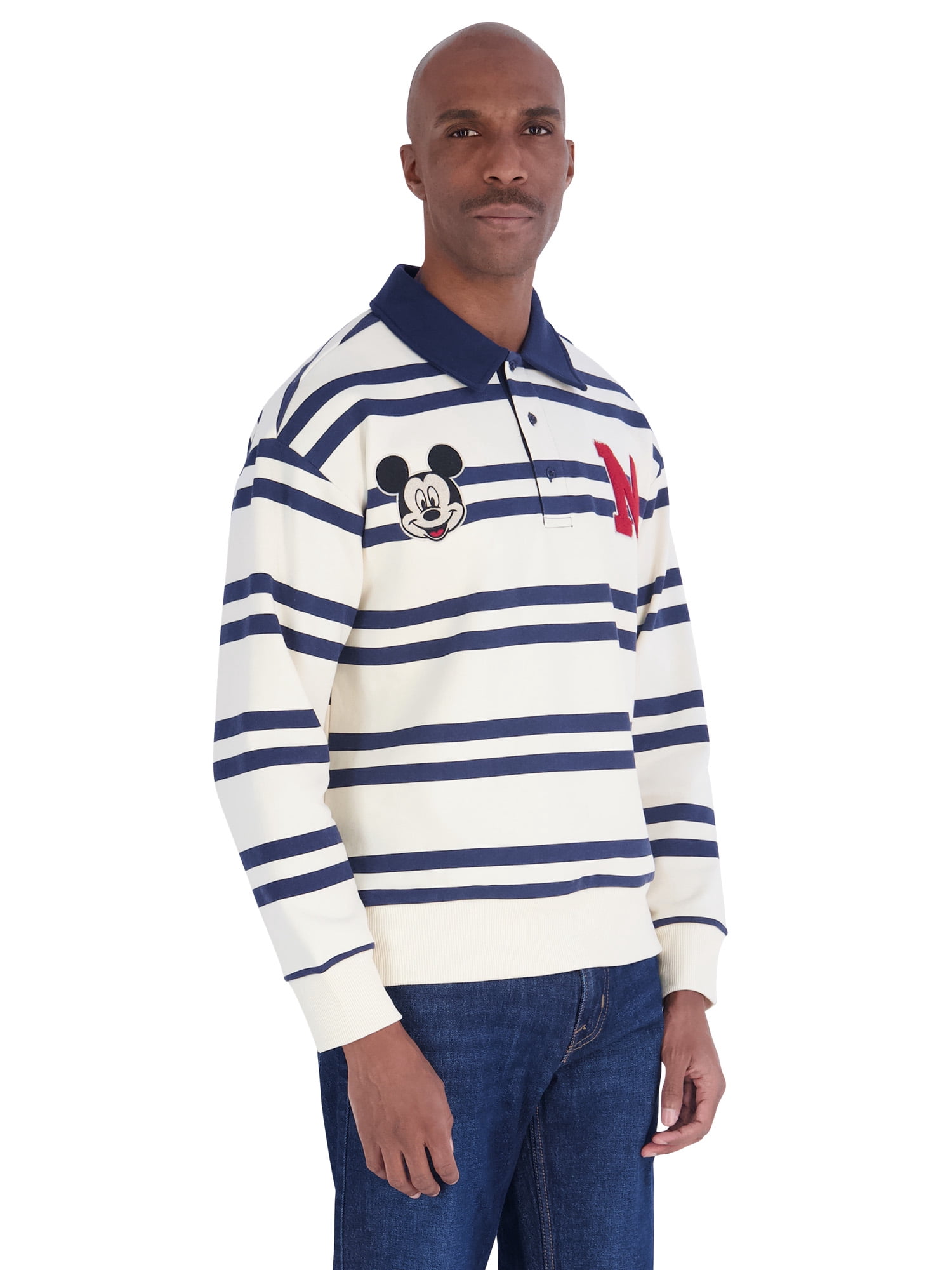 Mickey Mouse Mens Cream Long Sleeve Rugby Shirt, Sizes XS-3XL