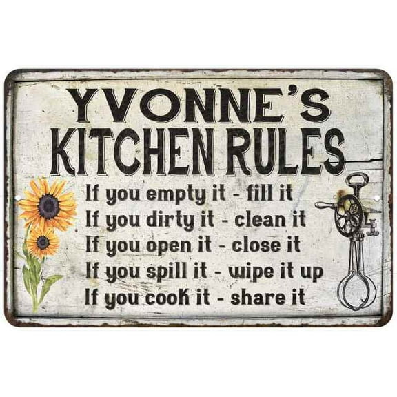 Yvonne's Kitchen Rules Chic Sign Vintage Decor 8 x 12 High Gloss Metal 208120032177