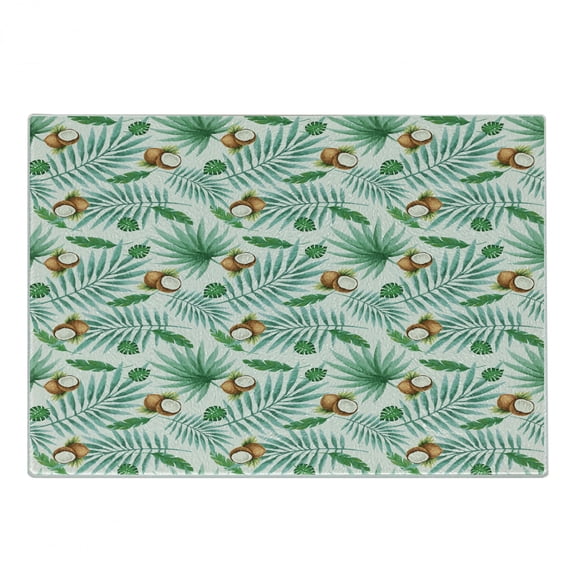Watercolor Cutting Board, Coconut Fruit Exotic Nature Palm Tree Leaves Aloha Hawaii Polynesian Food, Decorative Tempered Glass Cutting and Serving Board, Small Size, Green Pale Brown, by Ambesonne