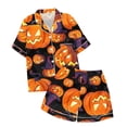 thumbnail image 5 of siminsem Womens Graphic Printed Satin Pajama Set Cute Short Sleeve Button Front Top with Matching Shorts 2 Piece Sleepwear Loungewear Cozy Night Outfit, Orange,L, 5 of 5