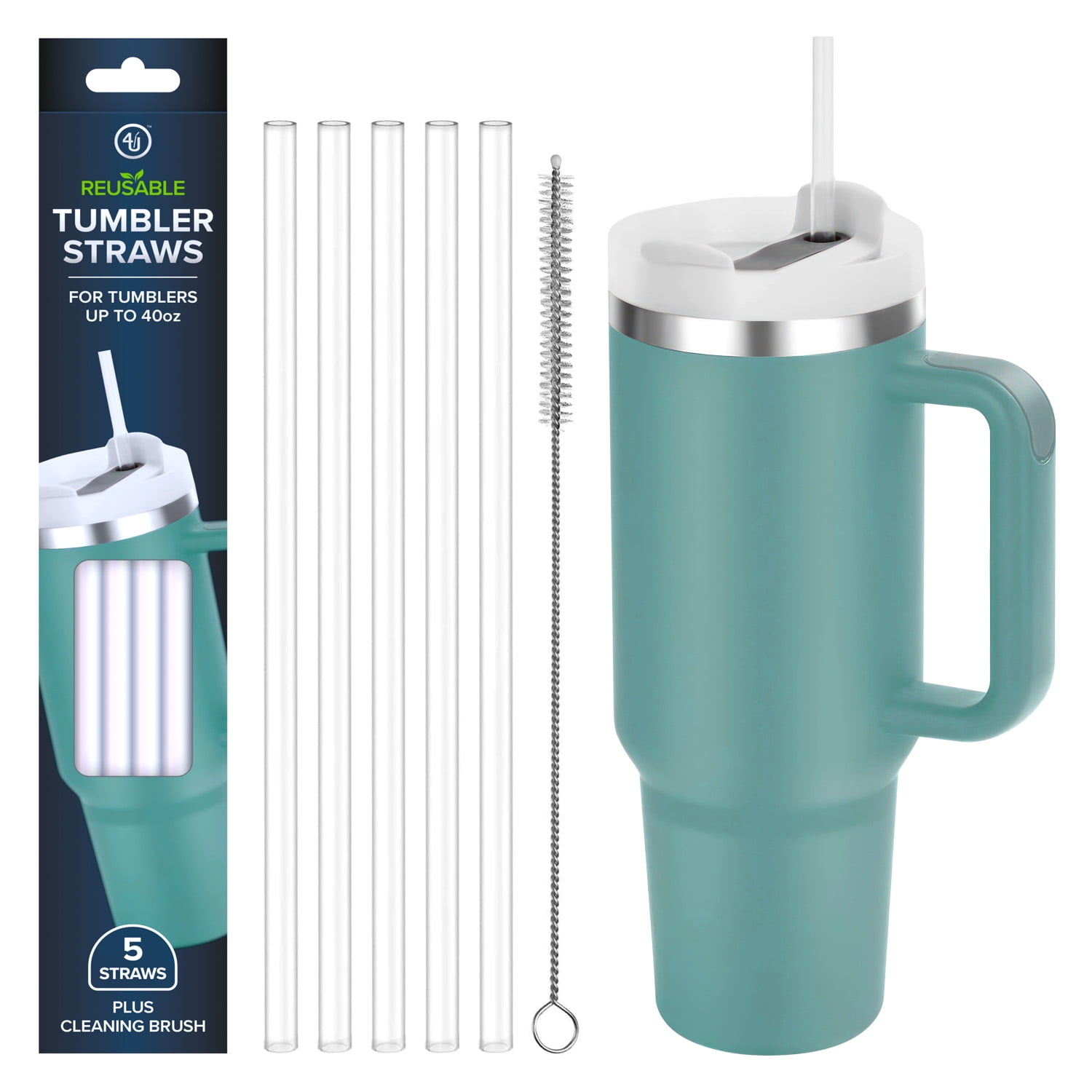 4th Utensil 13in Tumbler Straws with Cleaning Brush,5-Pack, Clear
