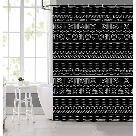 Boho Geometric Shower Curtain Black White Modern Farmhouse Tribal Retro Western Aztec Abstract Mid Century Art Fabric Bathroom Curtains Decor Set with Hook