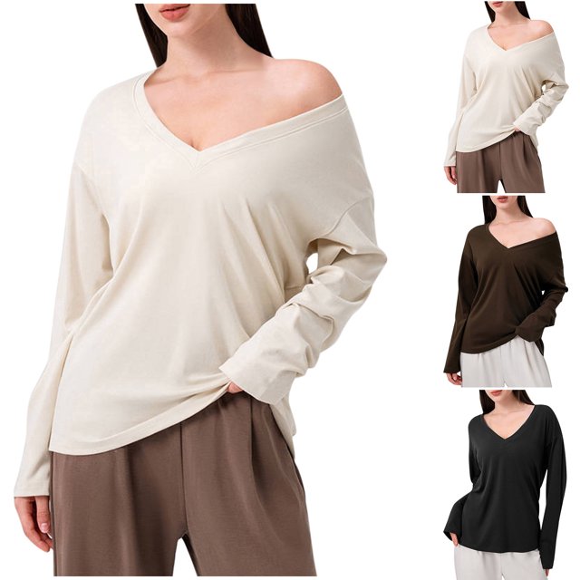 Top de encaje color crema,Camiseta deportiva de manga larga con cuello en V para mujer, mezcla de algodón transpirable, corte holgado para hacer ejercicio y usar en casa, sopatenor