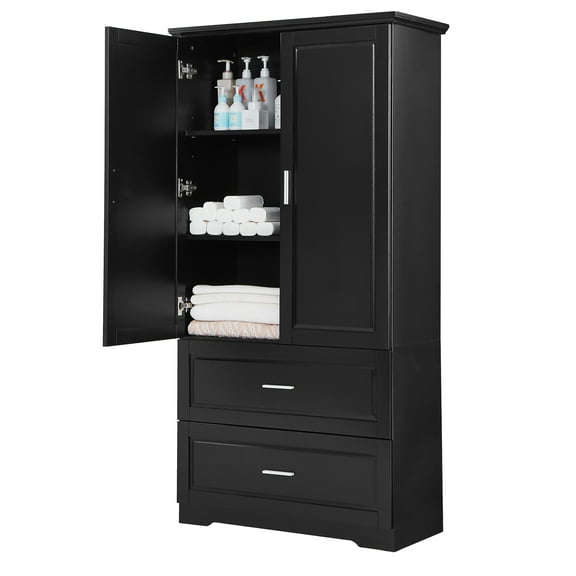 Knubmt 2 Doors Bathroom Storage Cabinet with 2 Drawers and Inner Shelf, Wood Tall Storage Cabinet for Living Room, Bathroom, Black