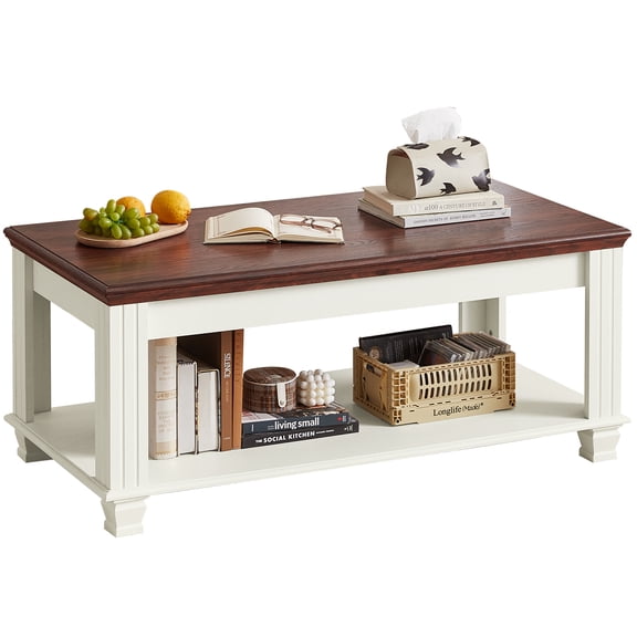 Buildhom Farmhouse Coffee Table with Open Storage Shelf, Square Large Tea Table for Living Room, Rustic White Wood Center Table