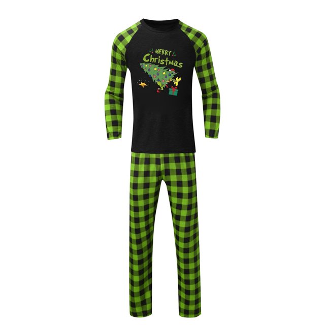 Moonsky| Family Matching Sets Pajamas, Loungewear Outfits,Christmas Tree Print Family Matching Long Sleeve Tops and Green Plaid Pants Set (Black & Green)#Men L