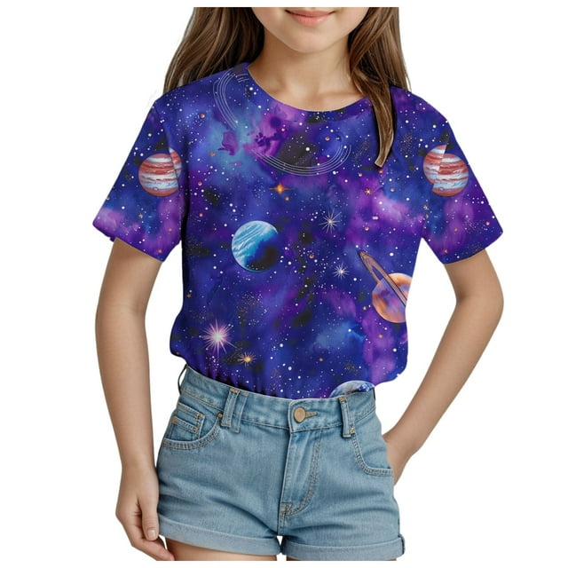 Akiihool Hauts pour Filles T-Shirts pour Filles T-Shirts Graphiques T-Shirts à Manches Courtes Col Rond Mignon Été Décontracté Basique Hauts pour Enfants (Violet,10-11 Ans)