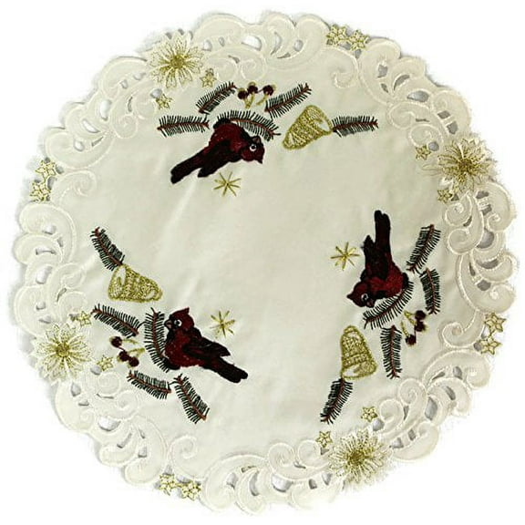 Doily Boutique Christmas Round Doily with Red Cardinals on Antique White Fabric, Size 11 inches