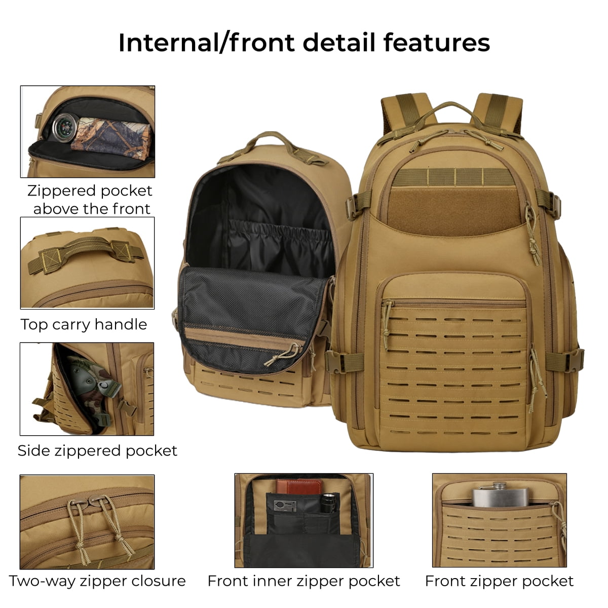 15.6 Inch Laptop Backpack - Large Capacity Outdoor Rucksack with MOLLE Webbing, Compass, Flag Patch, Survival Whistle,TYPE-C Outdoor Fire Starter (Hiking Camping Daily Commute)