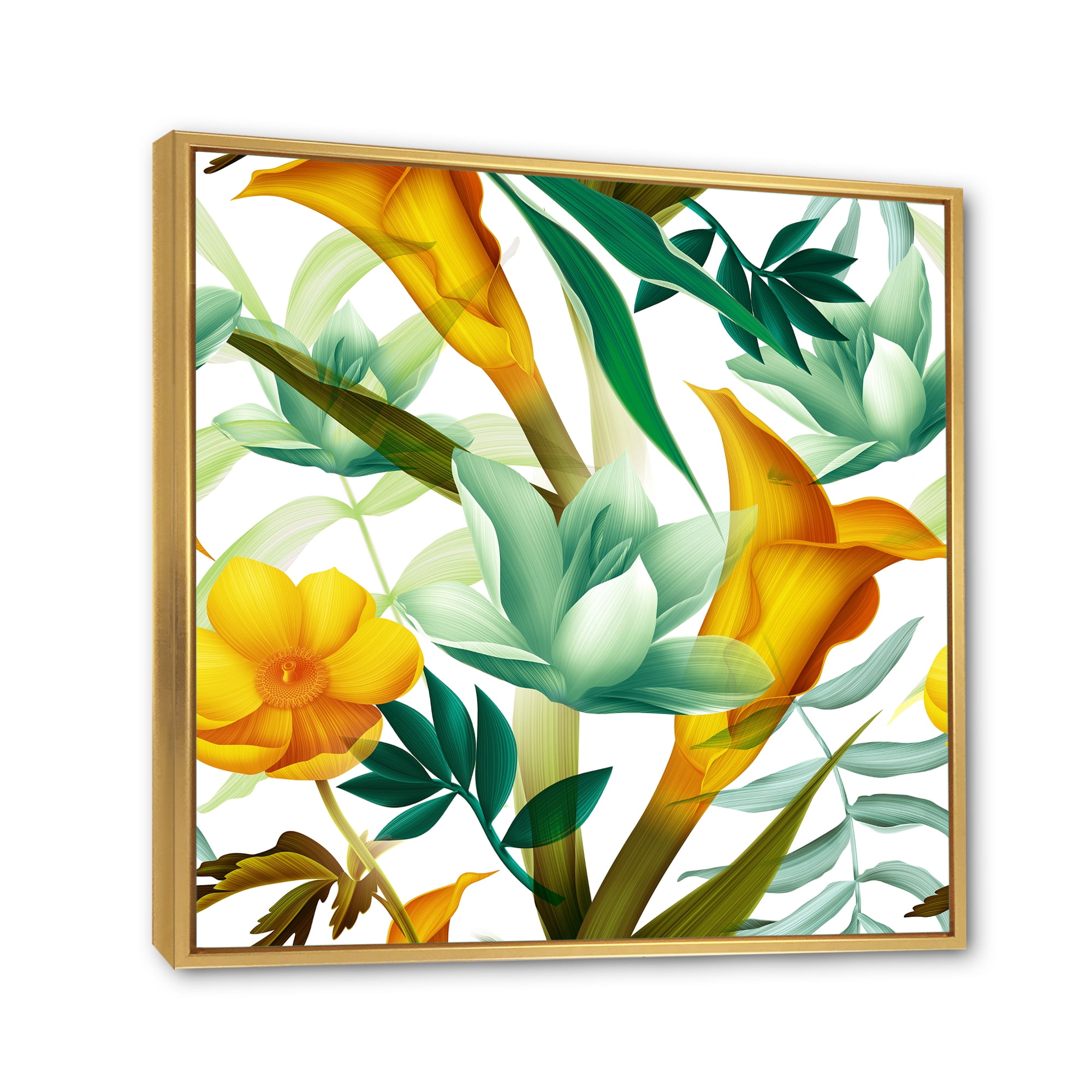 Yellow Flowers and Tropical Foliage III 30 in x 30 in Framed Painting Canvas Art Print, by Designart