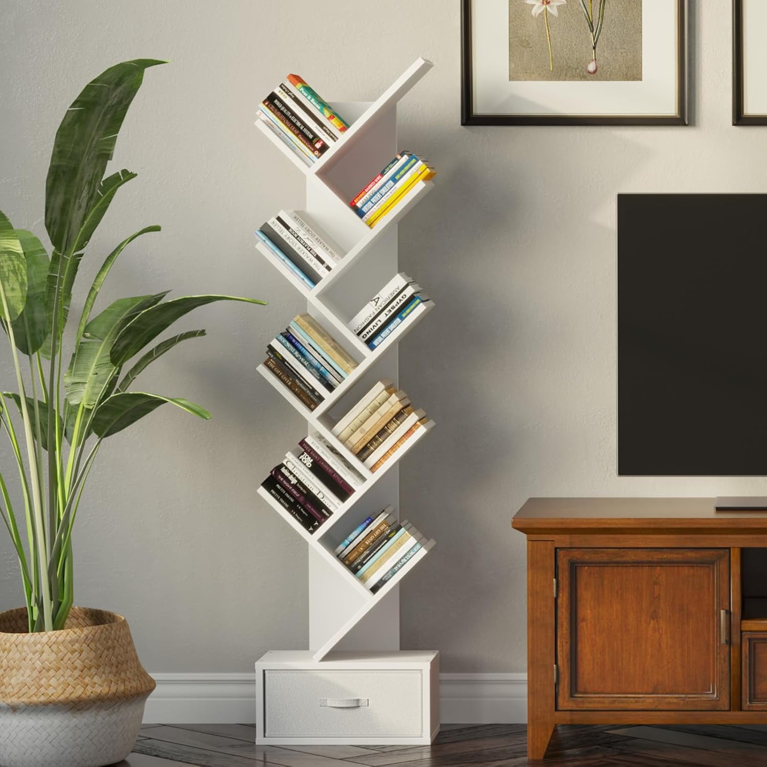 Greenstell 9-Tier Wooden Bookcase with Drawer, Free Standing Tree Bookshelf, White