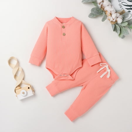 

xingqing 0-24 Months Newborn Baby Girl Boy Clothes Ribbed Knitted Long Sleeve Romper Top+Loose Pants Fall Winter Outfits Pink Pink 3-6 Months