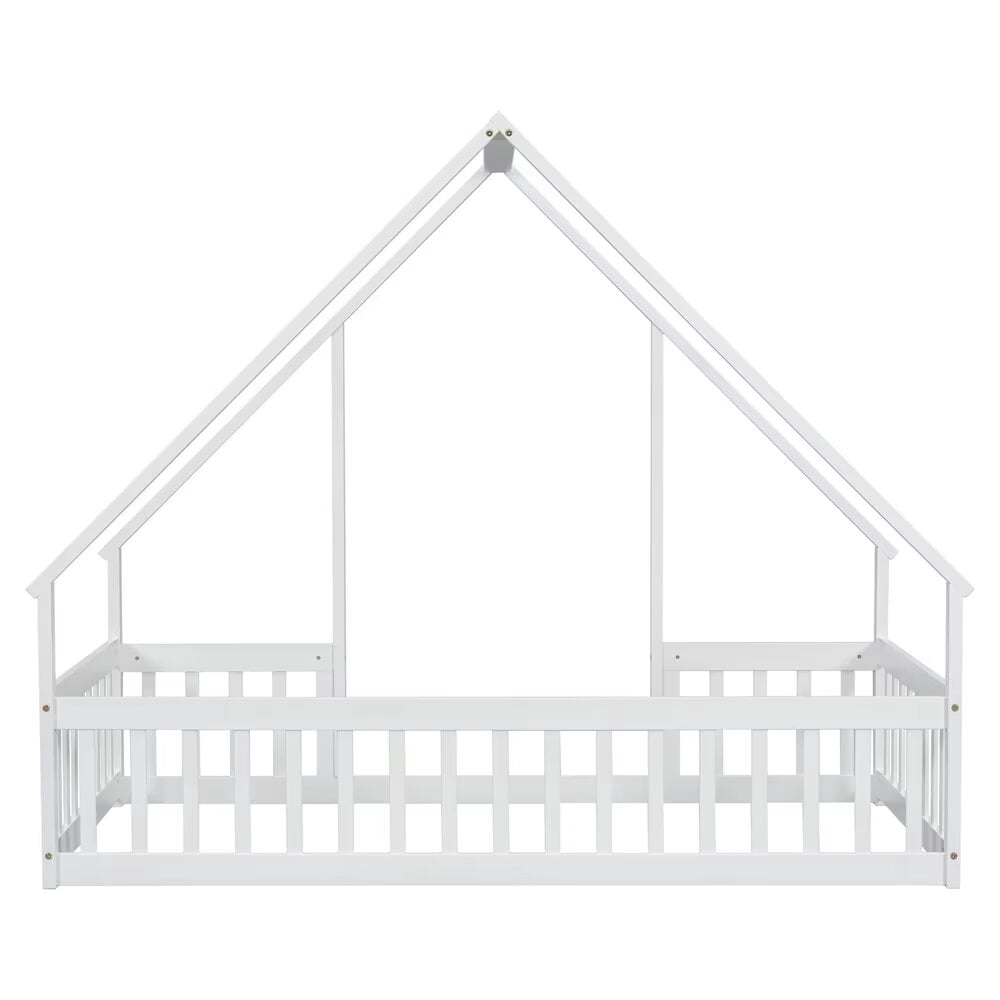 Twin Floor Bed for Kids Toddlers, Wooden Montessori Bed Frame with Roof and Fence Guardrails, Playhouse Bed Tent Bed for Boys Girls Bedroom, Easy Assembly, White