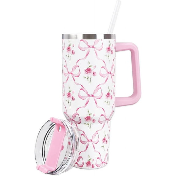 Pink Bow Floral Tumbler with Straw and Lid 40oz Watercolor Bow Flower Stainless Steel Cup with Handle Pink Travel Coffee Tumbler Cup for Home Office