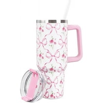 Pink Bow Floral Tumbler with Straw and Lid 40oz Watercolor Bow Flower Stainless Steel Cup with Handle Pink Travel Coffee Tumbler Cup for Home Office
