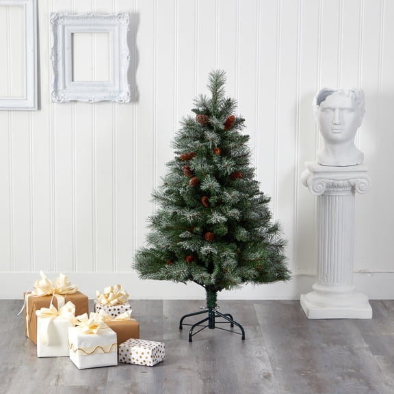 Nearly Natural 4ft. Snowed French Alps Mountain Pine Artificial Christmas Tree with 237 Bendable Branches and Pine Cones, Green