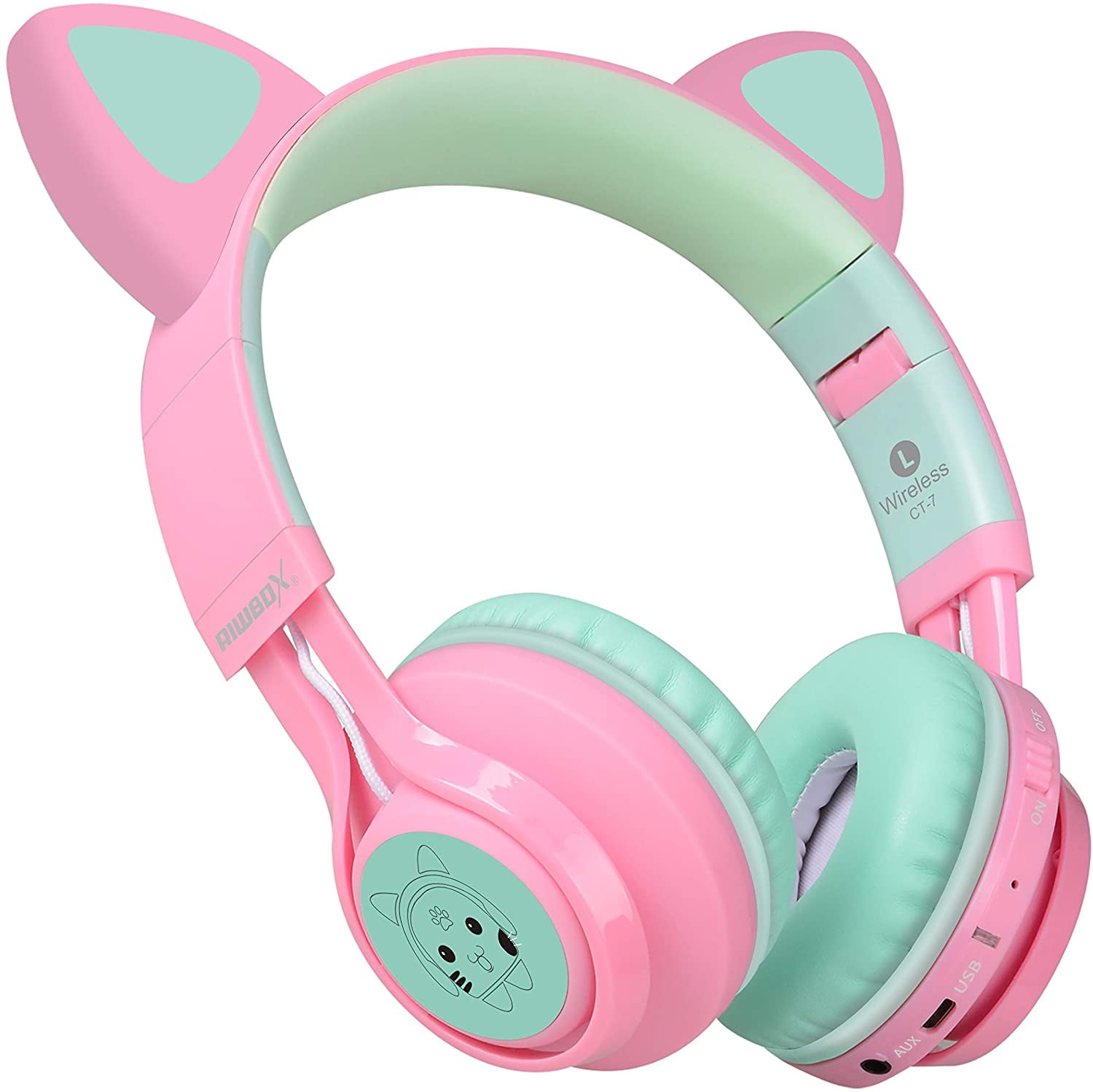 Riwbox Bluetooth Headphones, Riwbox CT-7 Cat Ear LED Light Up Wireless Foldable Headphones Over Ear with Microphone and Volume Control for iPhone/iPad/Smartphones/Laptop/PC/TV (Pink&Green)