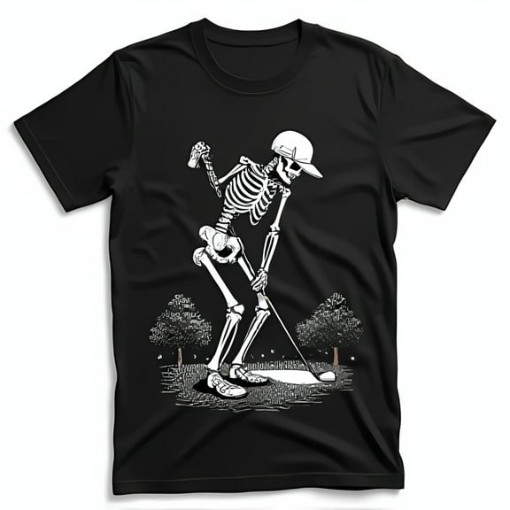 Whimsical Skeleton Golfer Graphic on Black T-Shirt Fun & Unique Design