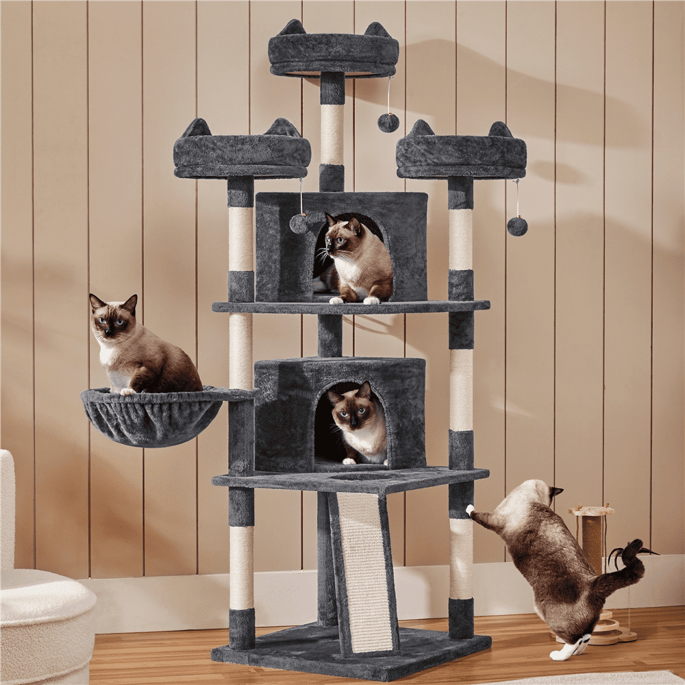 Alden Design 68.5"H Large Multilevel Cat Tree Tower with Condos and Perches, Dark Gray