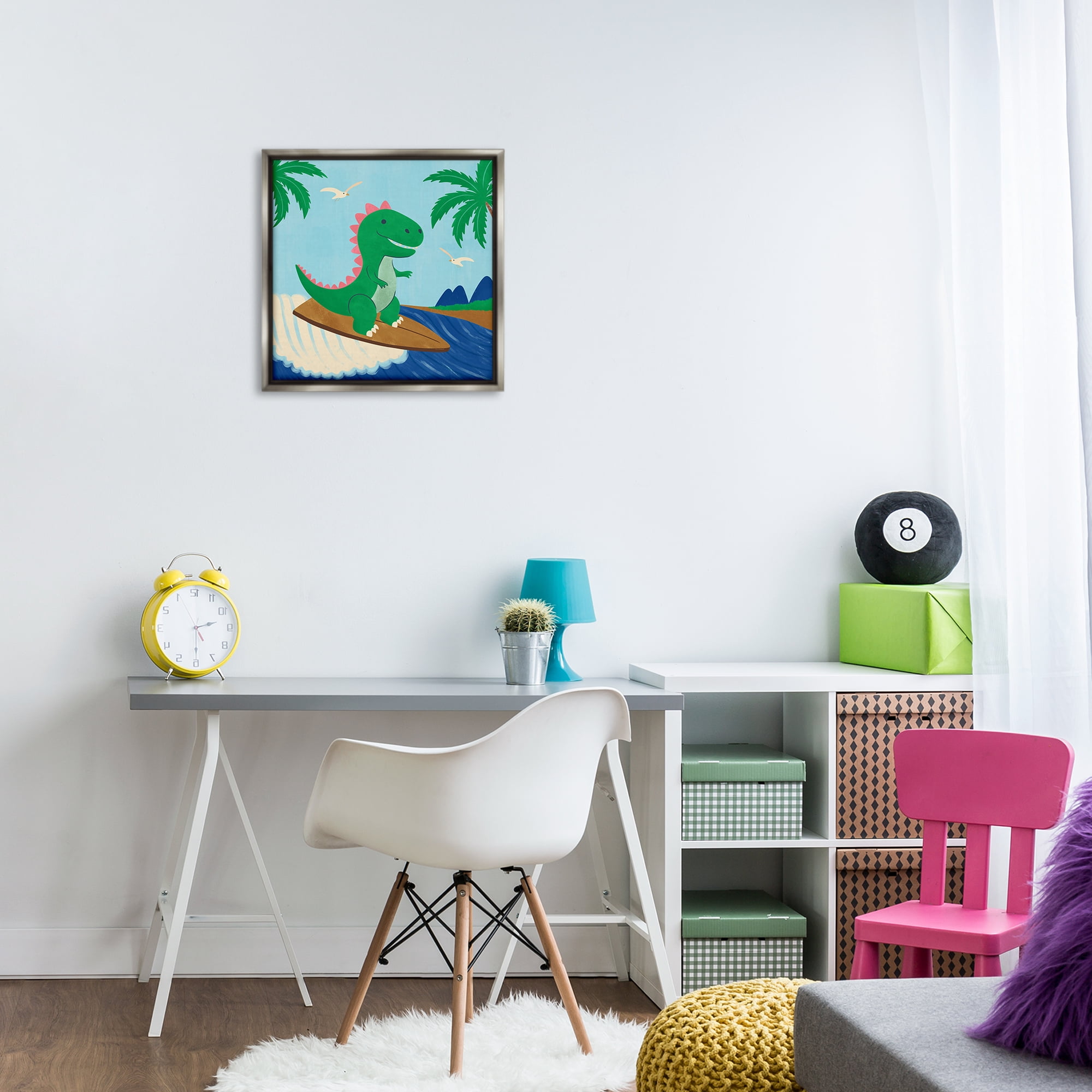 Stupell Industries Baby Surfing Dino Animals Painting Gray Floater Framed Canvas Art Print Wall Art, 18 x 18
