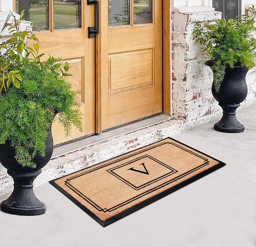 A1 Home Collections Rubber & Coir Mat, Heavy Duty, Extra Large, Front Door Mat 24"X48", Black/Beige Doormat Monogrammed V