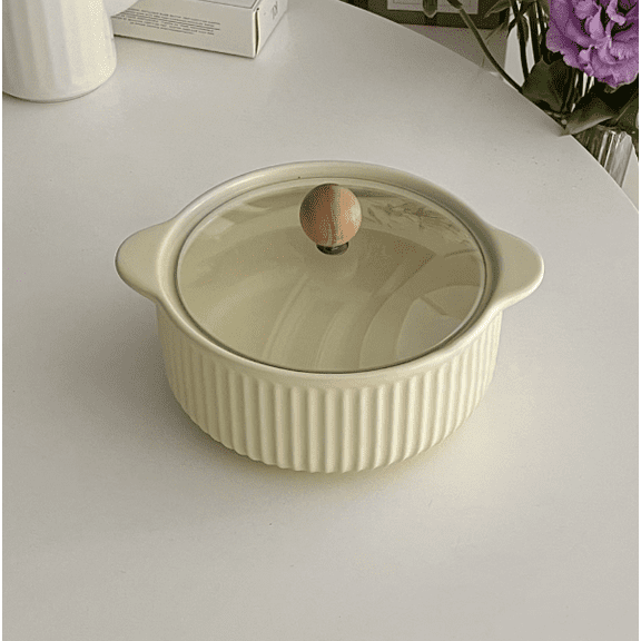 Ceramic Noodle Bowl with Lid, 32 oz Large Insulated Ramen Bowl, Ribbed Pattern Beige Design with Glass Lid for Soup & Noodles