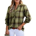 thumbnail image 3 of Women'S V Neck Plaid Shirts Dressy Casual Button-Down Business Work Boho Tops Long Sleeve Fall Outfits Grass Green L, 3 of 9