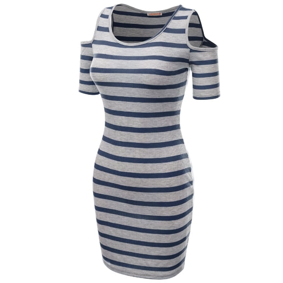FashionOutfit Women's Super cute Stripe patterned off the Shoulder Shirt Dresses