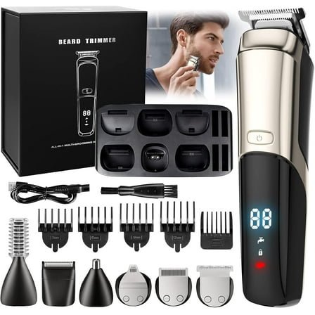 Beard Trimmer for Men, 11-in-1 Cordless Hair Clipper & Grooming Kit with LED Display, Nose Trimmer, USB Rechargeable, Waterproof IPX7