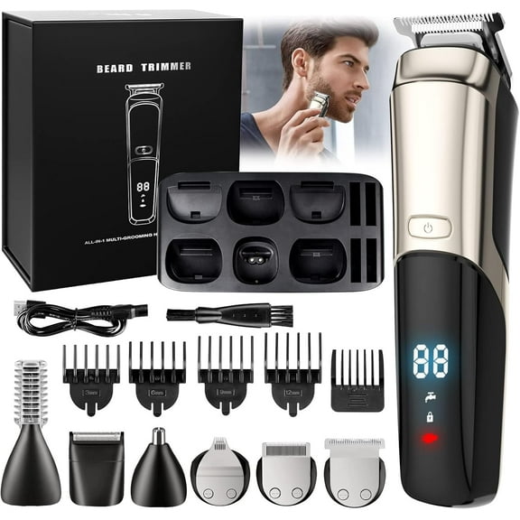 Beard Trimmer for Men, 11-in-1 Cordless Hair Clipper & Grooming Kit with LED Display, Nose Trimmer, USB Rechargeable, Waterproof IPX7