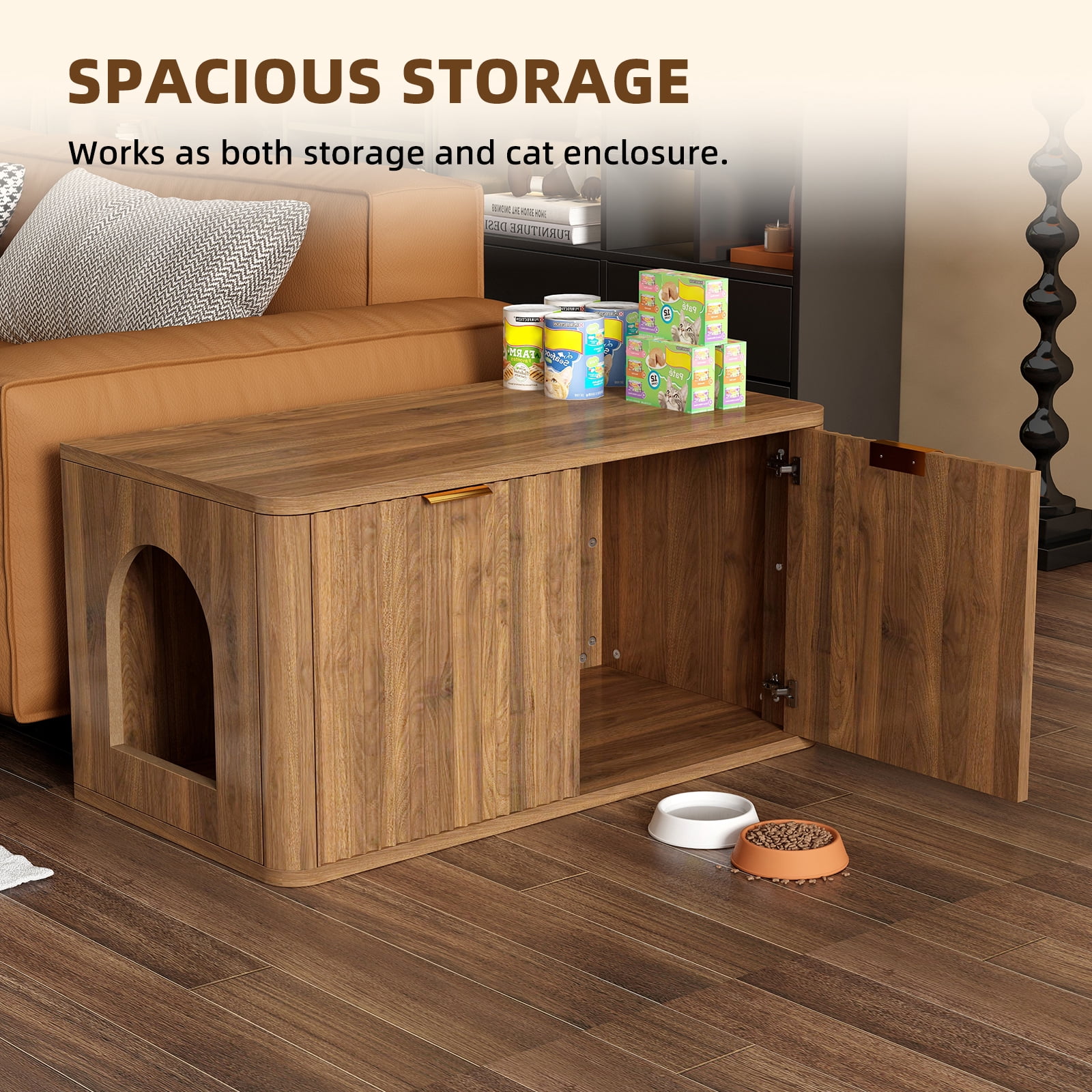 31.5" Walnut Cat Litter Box Enclosure, Mid Century Modern Fluted Hidden Litter Box Cabinet, Decorative Kitty End Table for Living Room, Bedroom and Entryway