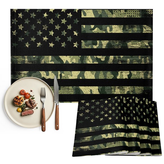 Green American Flag Placemats Set of 6, Wooden Grain Washable Wipeable Table Mats for Dining Tables, Indoor Outdoor Kitchen Place Mats for Holiday Party Table Decor