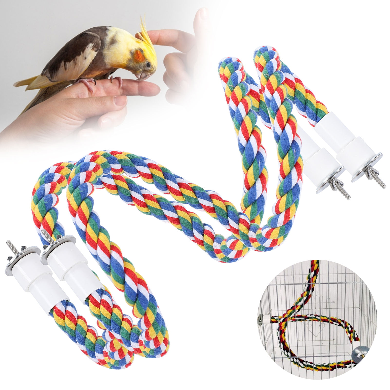 Comfy Bird Cotton Rope Perch 31Inch Macaw Chewing Toy Birdcage Station Pole Both Ends Can Be Fixed Colored Ropes Bend Bungee Natural Rotating Ladder for Cockatiels Finches Macaws Lovebirds 