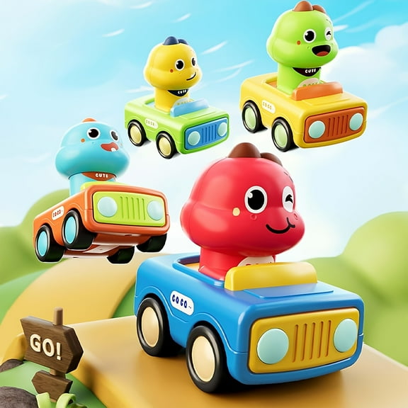 4pcs Dinosaur Inertia Press Car Toy Set, Cartoon Dino Cars Push Car for Toddlers 1-3, Cute Toy Cars for Kids' Play Cars & Race Cars, Birthday Gift Montessori Toys for 1-2 Years Old Boys & Girls