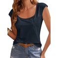 thumbnail image 2 of Summer Short Sleeve Solid Color Women Square Neckline Casual Tee Tank Shirt, 2 of 4