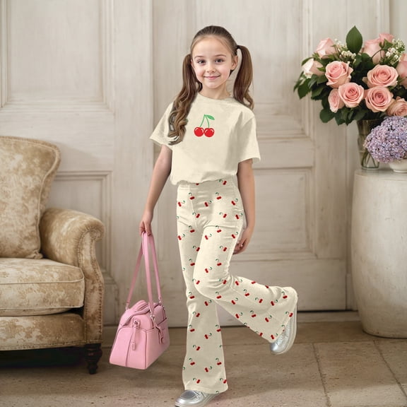 ZHOGXU Big Kids Girls Outfit Cherry Printed Short Sleeve Round Neck Top And Flare Pants Two Piece Comfortable Fashion Sets For Daily Wear Beige 9-10 Years