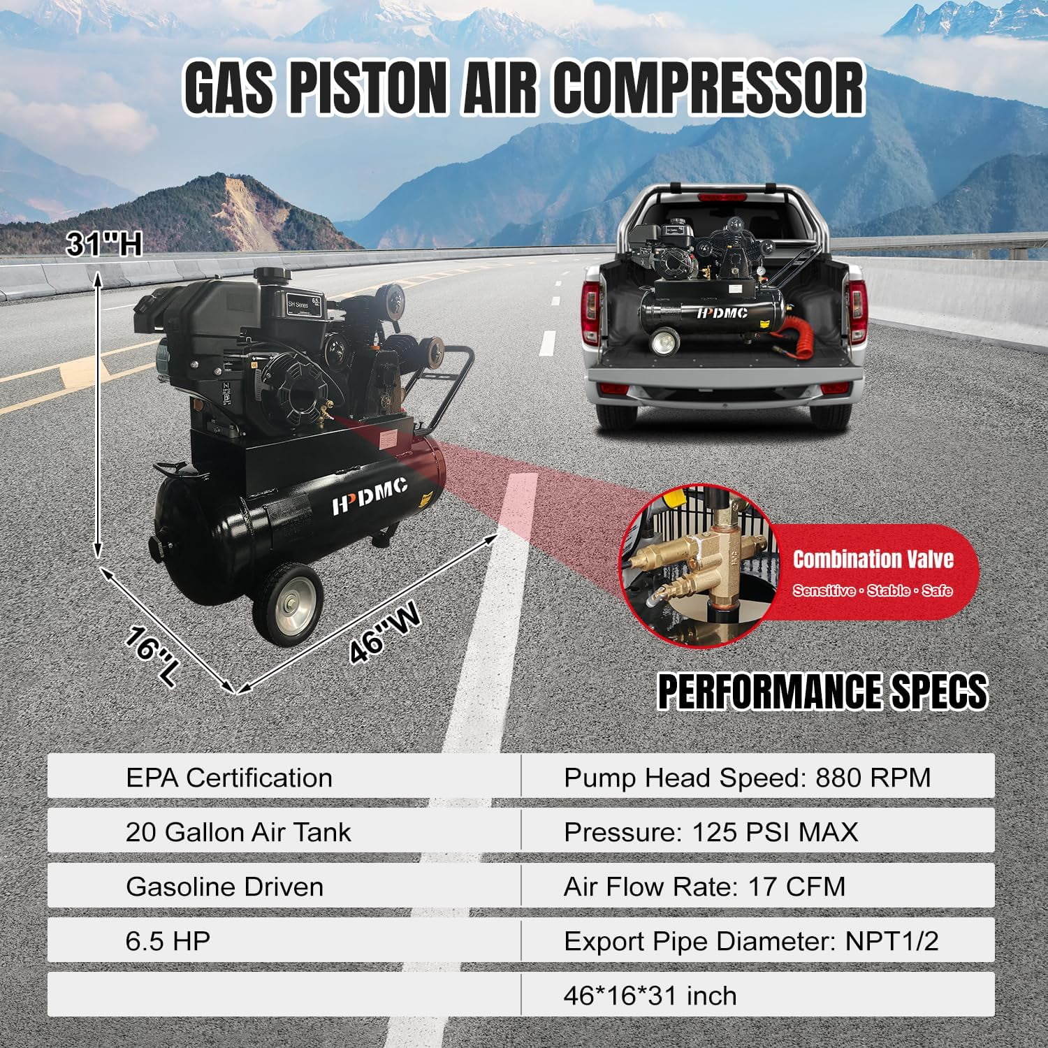 HPDMC 6.5HP Portable Heavy Duty Air Compressor - 20 Gallon Horizontal Gasoline Powered Piston Air Pump with KOHLER Engine - 17 CFM @ 125 PSI Industrial Grade