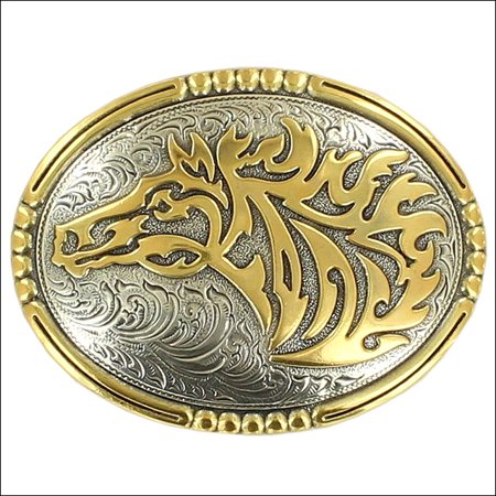 Horse Head Horseshoe Belt Buckle - M&F WESTERN SILVER GOLD HORSE HEAD OVAL BELT BUCKLE