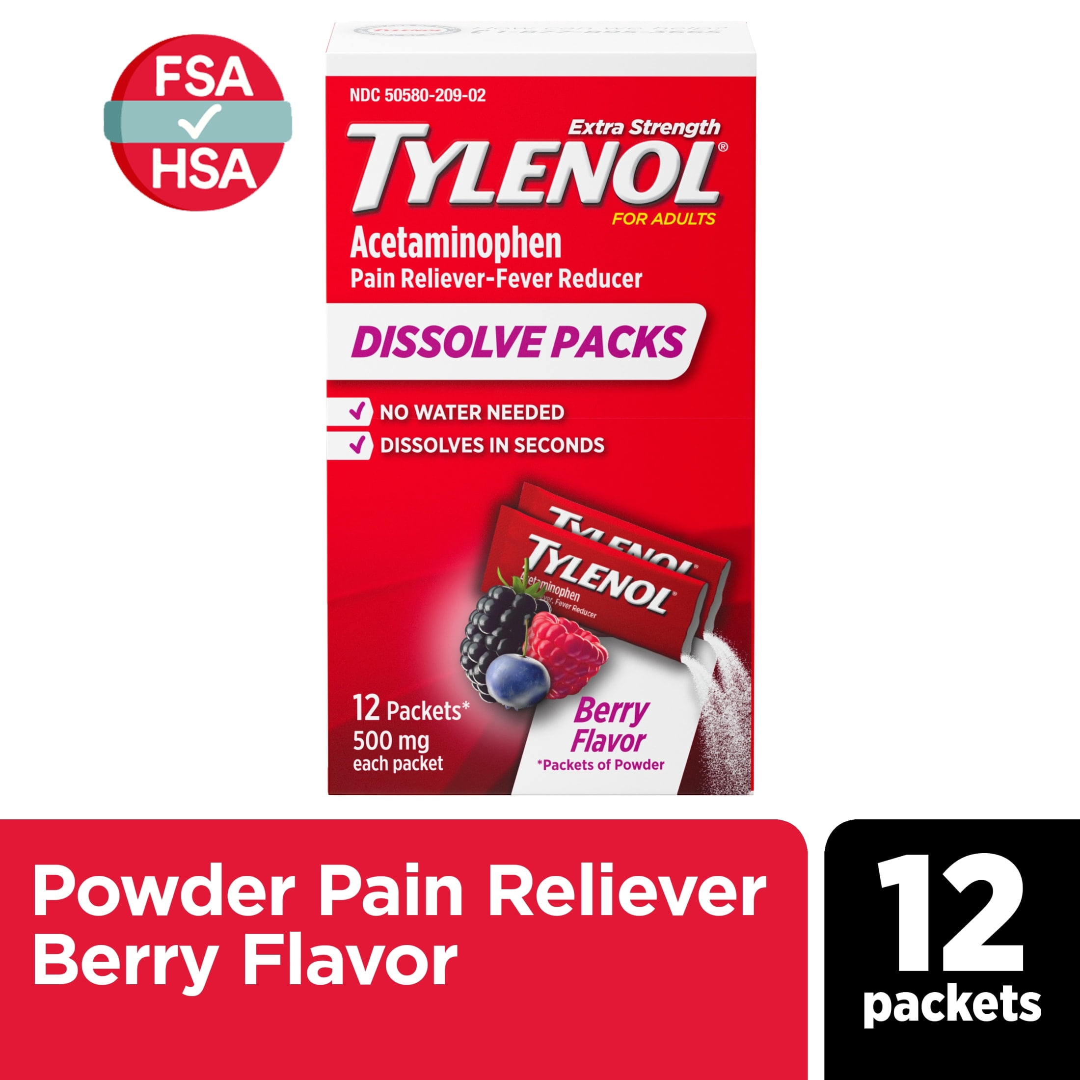 Tylenol Extra Strength Dissolve Packs Pain Relief with Acetaminophen, Berry, 12 Count